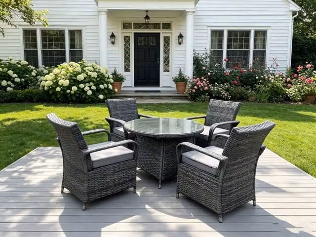 Fimous Rattan Garden Dining Set with Medium Round Table and 4 Chairs in Dark Grey – 1