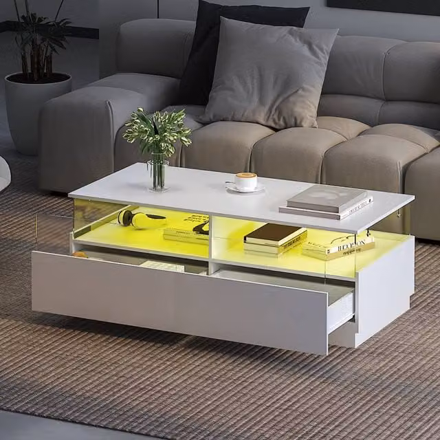 KEEPREAPER Modern Rectangular Coffee Table with LED Light and 2 Drawers in White
