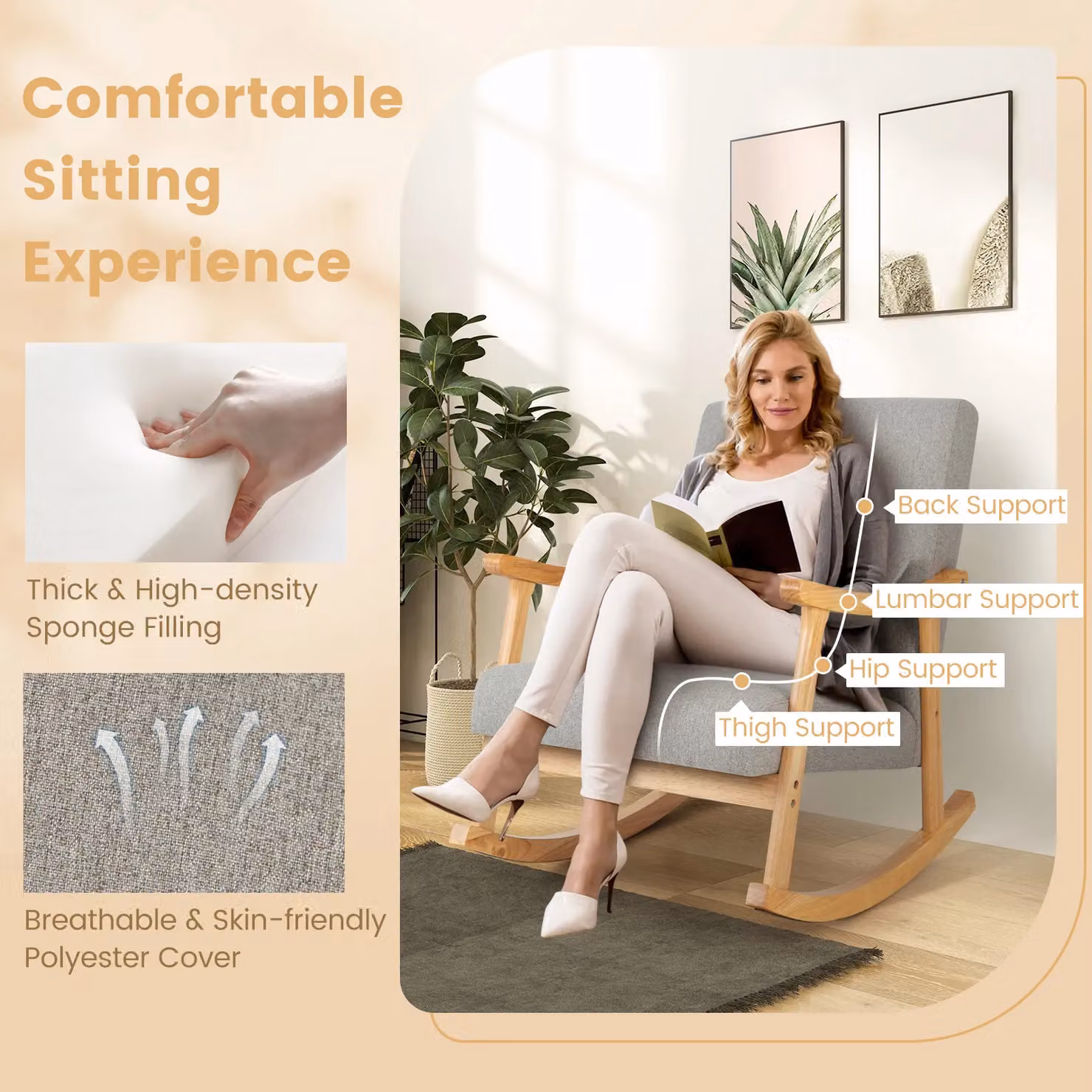 Costway Grey Upholstered Rocking Chair Recliner with Soft Cushion and Pillow and Solid Wood Frame – 2