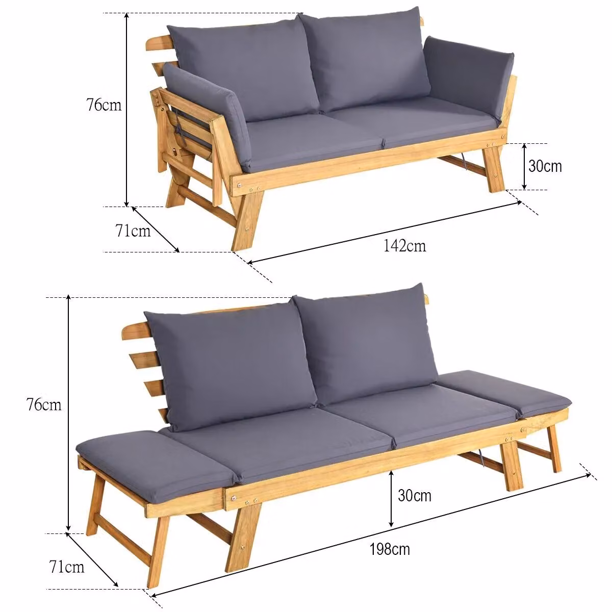 Gymax Grey Acacia Wood Outdoor Daybed Folding Chaise Lounge Sofa Bed with Armrests – 2