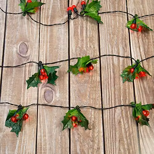 The Christmas Workshop 20 Holly Sprig String Lights with 60 LED Lights in Green, Battery Operated – 4