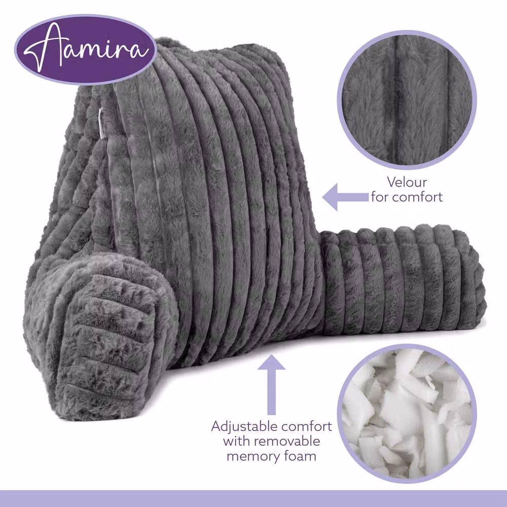 Aamira Grey Faux Fur Ribbed Memory Foam Contoured Wedge Reading Pillow – 8