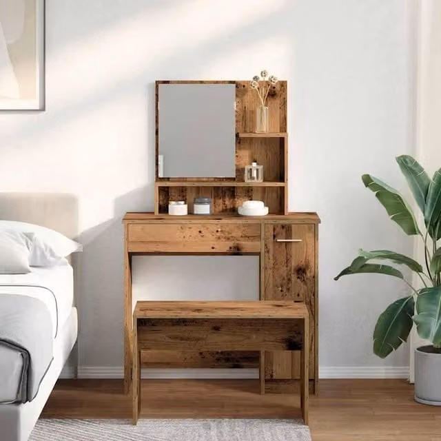 Berkfield Home Beautiful Dressing Table Set in Brown Old Wood Finish, W/D/H: 136.0 x 35.0 x 86.5 cm