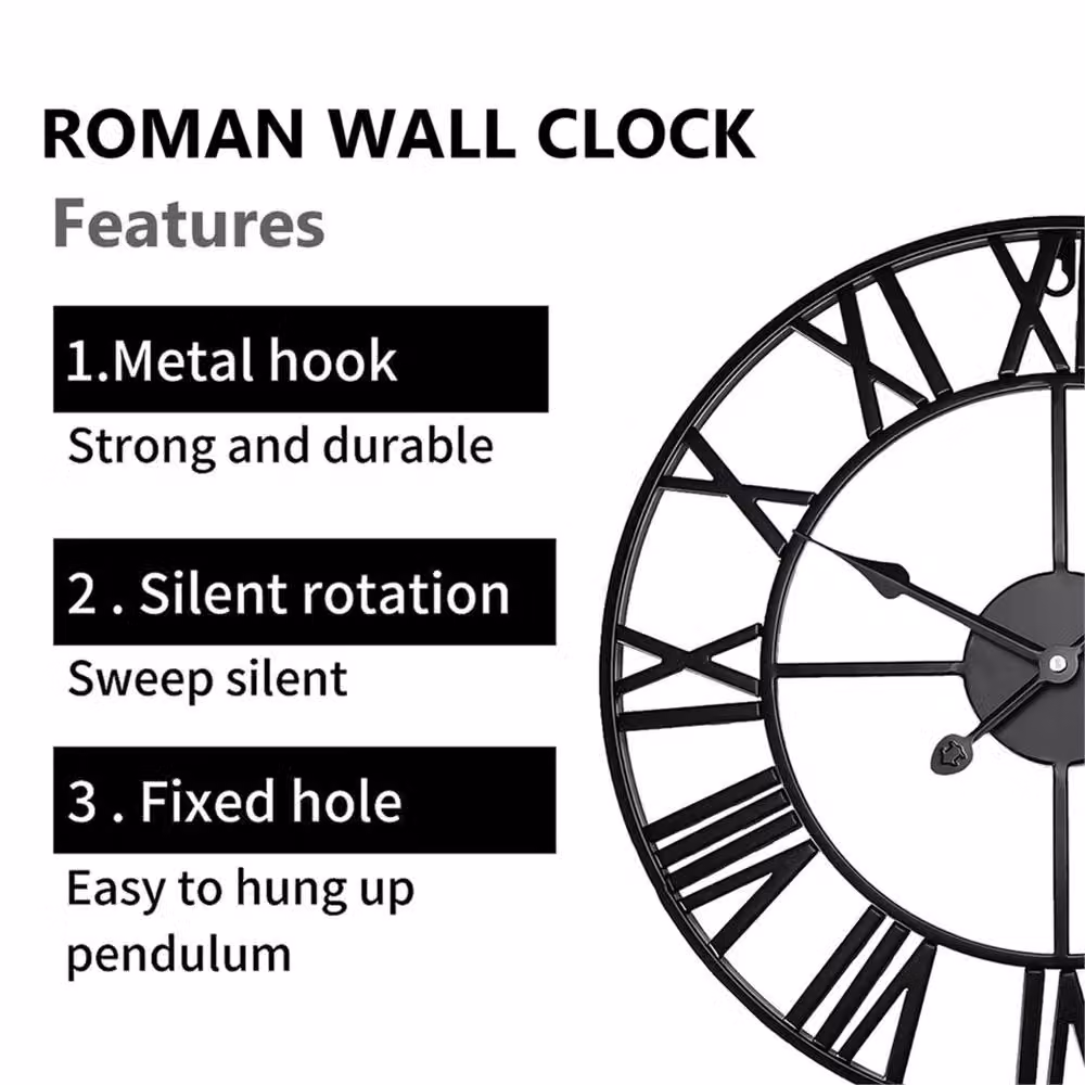 Nordara Black Metal Retro Round Analog Wall Clock with Roman Numerals, W: 60 cm x H: 60 cm – 3