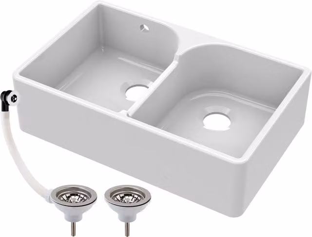 Balterley 2 Bowl Fireclay Butler Sink with Stepped Weir Wastes, White, W: 79.5 cm, D: 50 cm, H: 22 cm