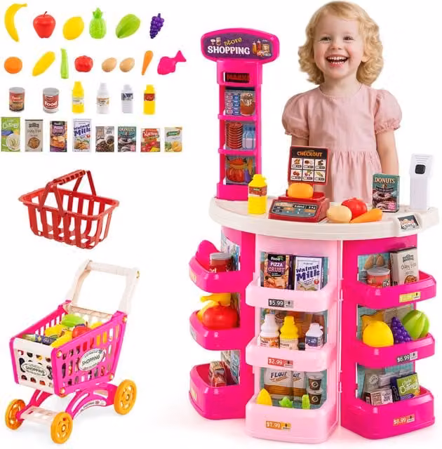 Costway 76 Piece Pretend Play Grocery Store Set in Pink