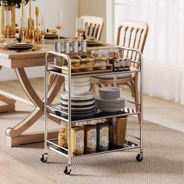 EONLION 3 Tier Silver Metal Kitchen Trolley on Wheels with Adjustable Shelves, H 77 cm x W 60 cm x D 35 cm