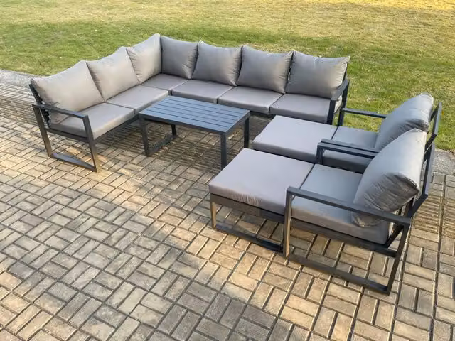 Fimous 10 Seater Modern Outdoor Lounge Corner Sofa Set in Dark Grey with Powder Coated Aluminium Frame, Oblong Coffee Table, 2 Chairs and 2 Ottomans