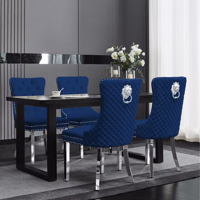 Groundlevel Set of 2 Navy Blue Plush Velvet Dining Chairs with Lion Head Knocker and Metal Upholstered Frame