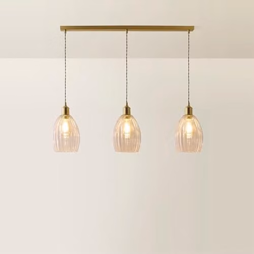 ValueLights Cheltenham 3 Drop Bar Ceiling Light in Brushed Gold with Transparent Ribbed Glass Shades – 1