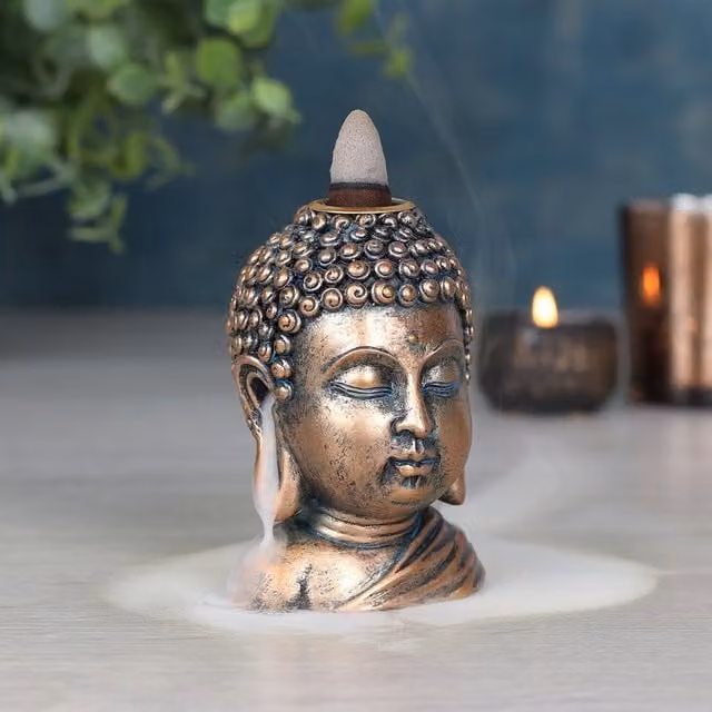 Kingsbury Gifts Buddha Head Backflow Incense Burner in Gold and Brown