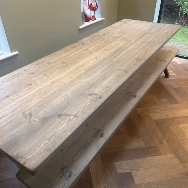 TRL Handmade Furniture Grey Wash Chunky Rectangular Pine Dining Table with X-Frame Metal Legs, Width: 140 cm