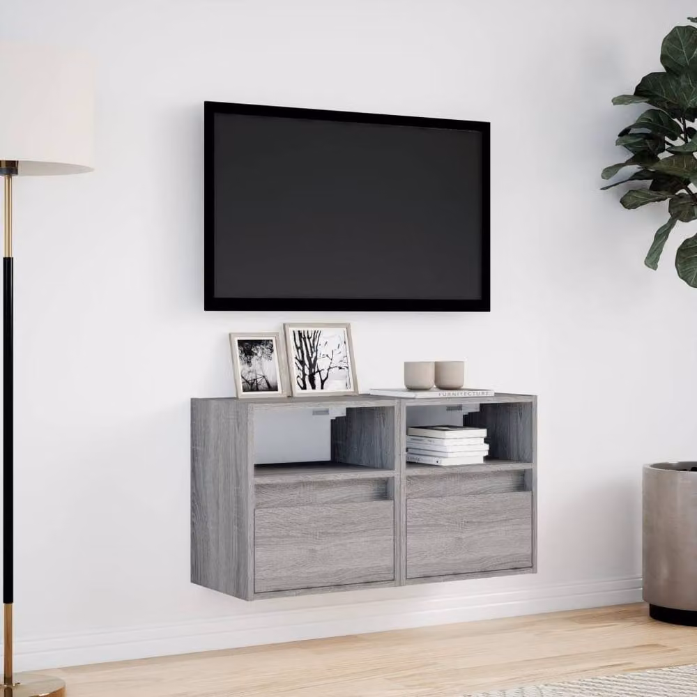 Berkfield Home Set of 2 Grey Sonoma TV Wall Cabinets with LED Lights, W/D/H: 41 x 31 x 45 cm – 3