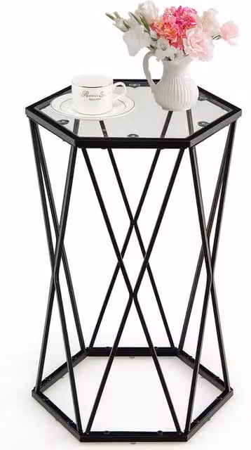 Costway Modern Hexagonal Glass Coffee Table with Black Metal Frame