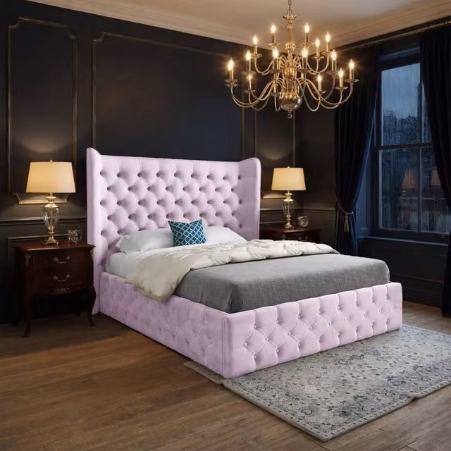 KDMD Lawford Wide Winged Upholstered Pink Soft Velvet Designer Bed Frame, W/D/H: 159 x 120 x 137 cm