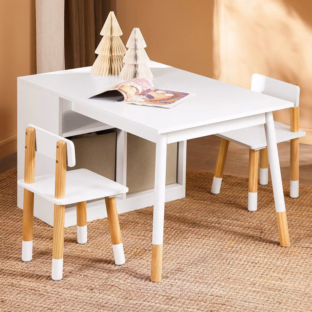 SoBuy Kids Desk and 2 Chairs Set with Storage Shelves, Scandinavian Style, White – 4