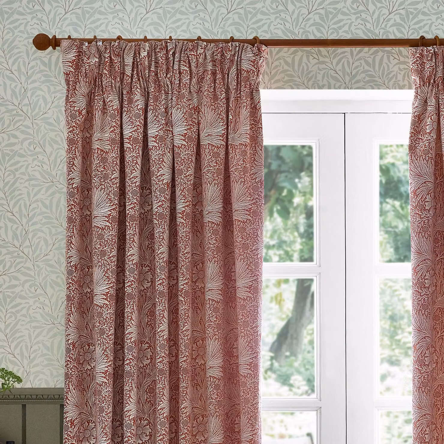 Morris & Co. Marigold Floral Jacquard Pencil Pleat Curtains in Red and Brown, Width: 229 cm, Drop: 183 cm – 3