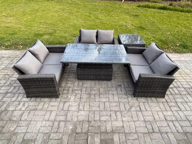 Fimous 6 Seater Rattan Wicker Garden Furniture Set with Height Adjustable Lifting Table in Dark Grey