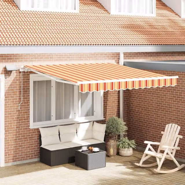Berkfield Home Manual Retractable Wall-Mounted Awning with LED, Yellow and Orange Striped, W: 350 cm, D: 250 cm