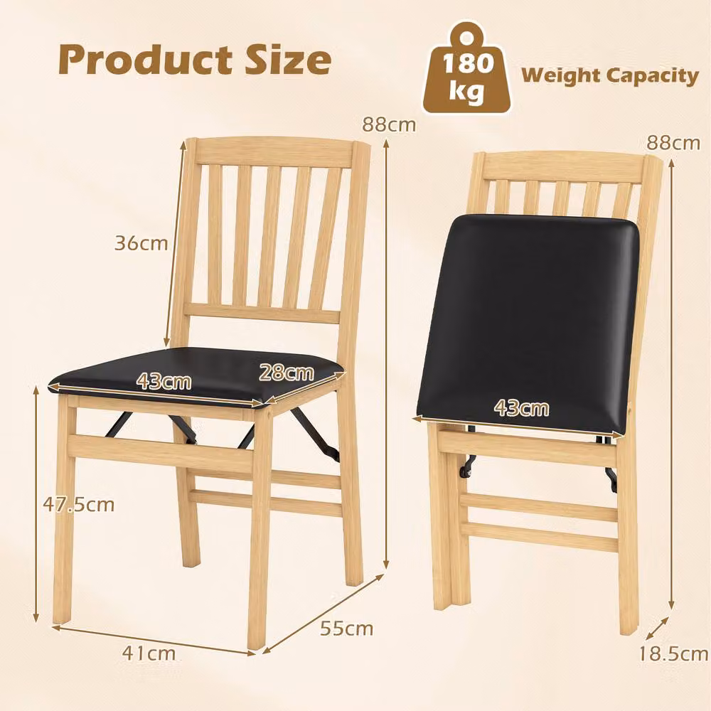 Costway Set of 2 Black Folding Armless Dining Chairs with Padded Synthetic Leather Seats – 2