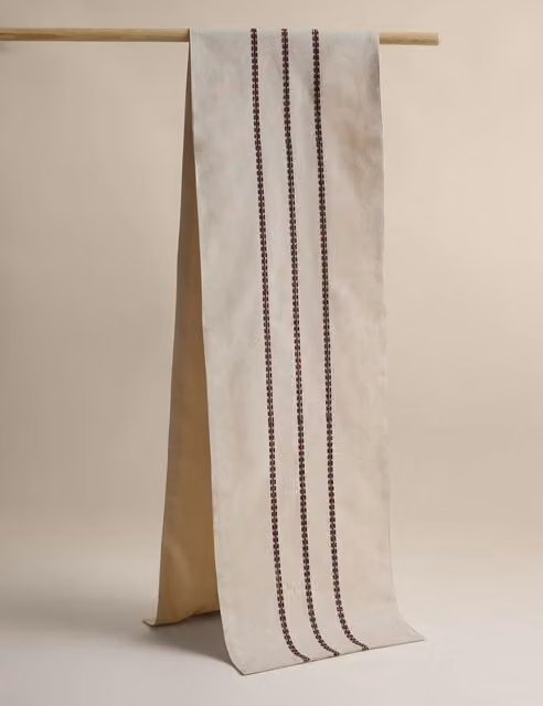 M&S Cotton Rich Striped Table Runner in Purple and White with Linen Plum