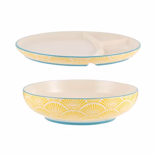 Rayware World Foods Multi-Cuisine Bowl and Divider Plate Set in Multicolour Geometric Stoneware – 1