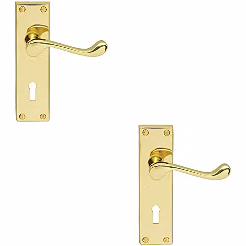Loops 2 Pack Victorian Scroll Lever on Rectangular Lock Backplate, Polished Brass