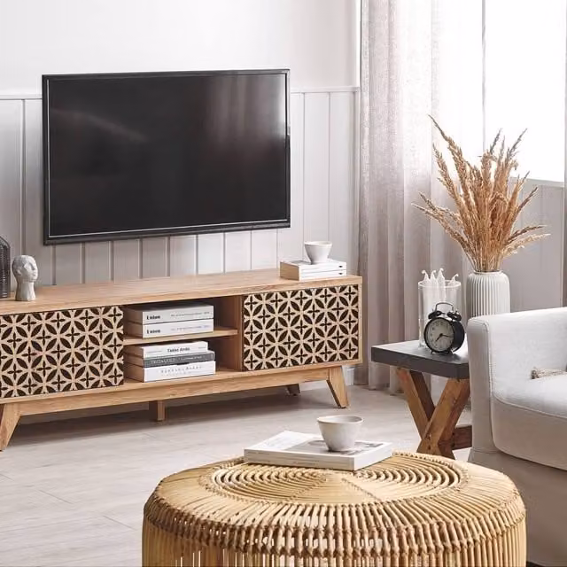 Wyld and Coco Retro TV Stand in Brown with Geometric Ornamented MDF Doors and Cable Management