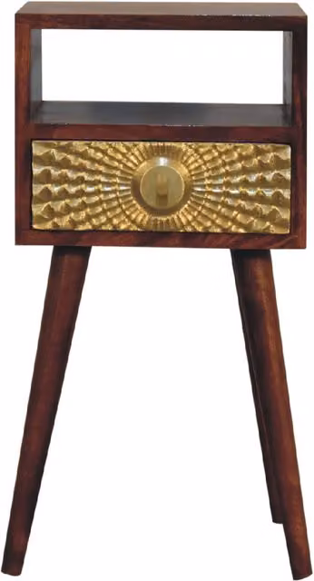 KDMK Eden Mango Wood Mini Bedside Cabinet with Drawer and Open Shelf in Gold, Brown and Yellow