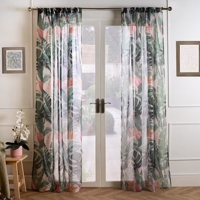 OHS Pair of Green Tropical Leaf Floral Voile Curtains