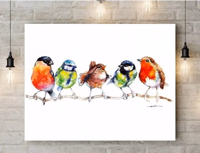 BebesArts Birds in a Row Multicolour Canvas Wall Art, W: 60.96 cm, H: 40.64 cm