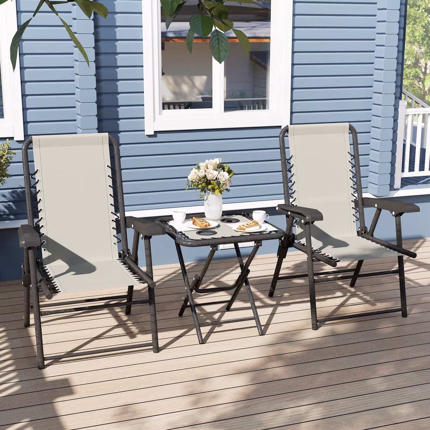 Outsunny Three-Piece Modern Garden Table and Chair Set with Glass Top in White – 8
