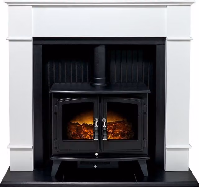 Adam Fires & Fireplaces Oxford Stove Fireplace in Pure White with Woodhouse 48 Inch Black Electric Stove – 1