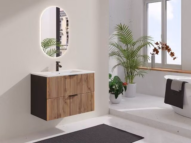 MADELA Wall-Mounted Bathroom Cabinet with Ceramic Basin in Black and White – 1