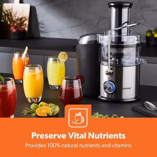 Geepas 800W Centrifugal Juice Extractor in Silver and Black with Stainless Steel Body, 75mm Wide Mouth, 2 Speed and Pulse Functions – 3