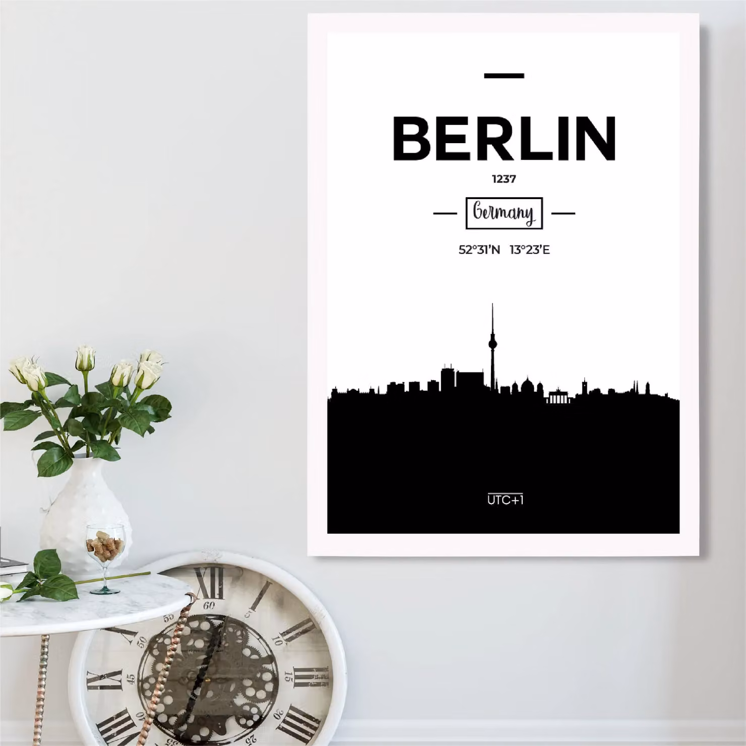 ARTZE Berlin Black and White City Skyline Framed Paper Poster with White Frame, A3 – 2