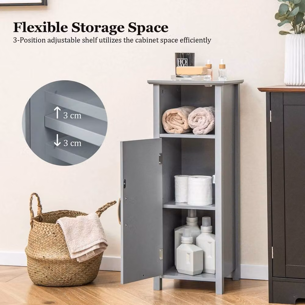 KORVIXA Grey Freestanding Narrow Bathroom Floor Cabinet with Hinged Doors and Internal Shelves – 4