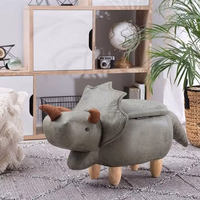 Wyld and Coco Triceratops Kids Storage Stool in Green Polyester and Rubberwood