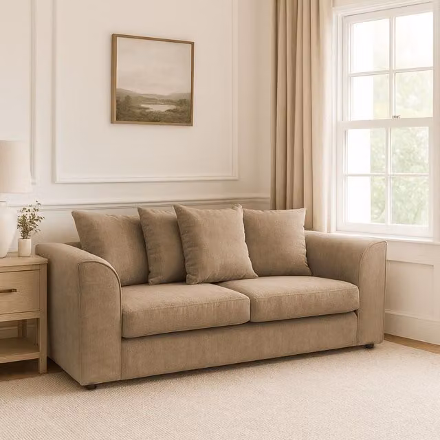 Furnishings For Less UK Beige Chenille Fabric 3 Seater Sofa with Scatter Back and Curved Arms – 1