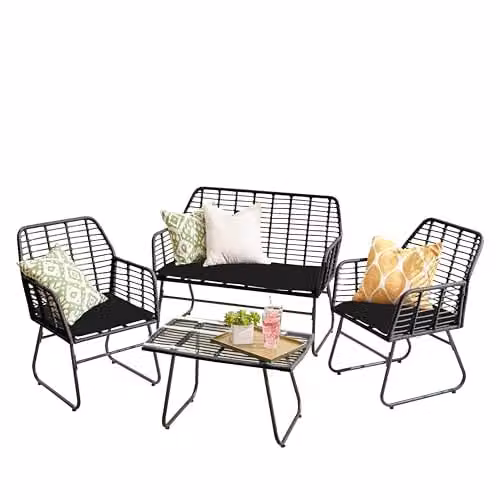 Neo 4 Piece Rattan Garden Furniture Set with 2 Seater Sofa, Armchair, Coffee Table and Cushions in Black and Grey – 1
