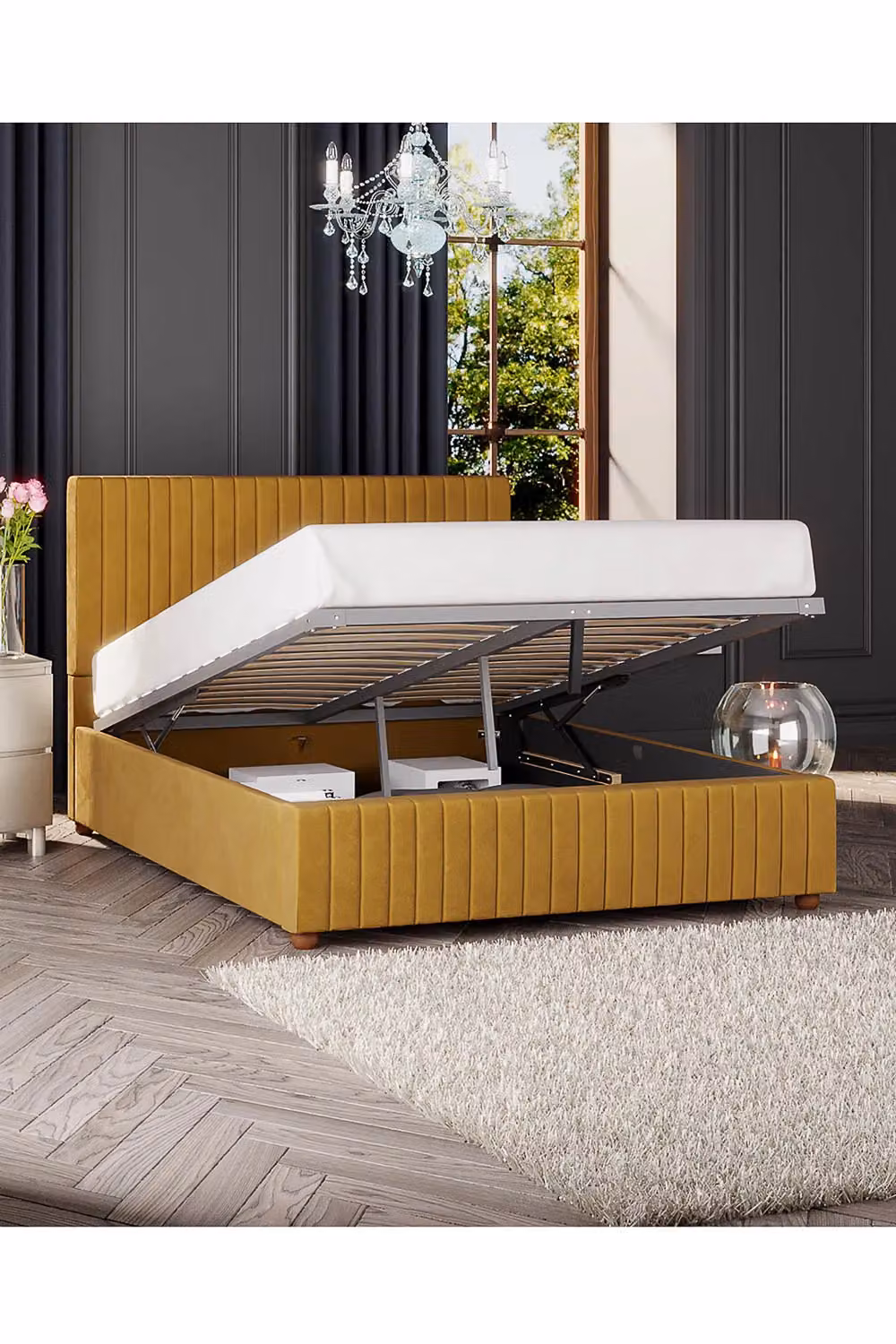 Laurence Llewelyn-Bowen Estella Ottoman Storage Bed in Yellow Plush Velvet Fabric, Size: Double (W: 140 cm, L: 200 cm) – 3