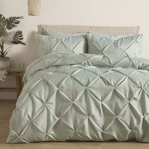 Serene Lara Ruched Duvet Cover and Pillowcase Set in Grey and Green, Single 135 x 200 cm
