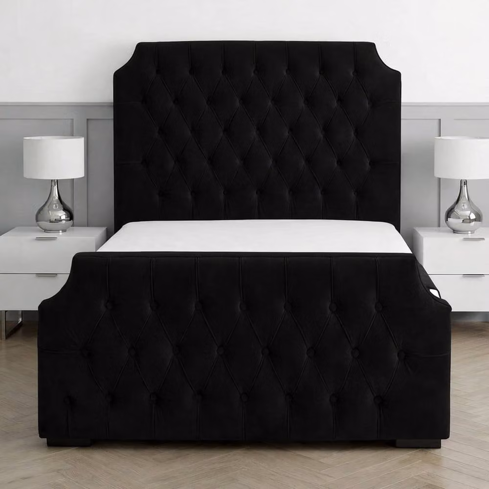 Living Comfort Bedz Westminster Plush Velvet Upholstered Bed with Slatted Base and 48 Inch Headboard, Black, W/D/H: 140 x 200 cm – 2
