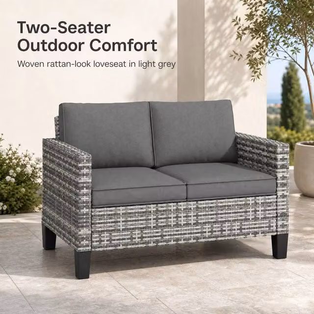 STILVORA Two-Seater Garden Sofa with Cushions in Grey, Metal and Rattan, W/D/H: 128 x 75 x 74 cm