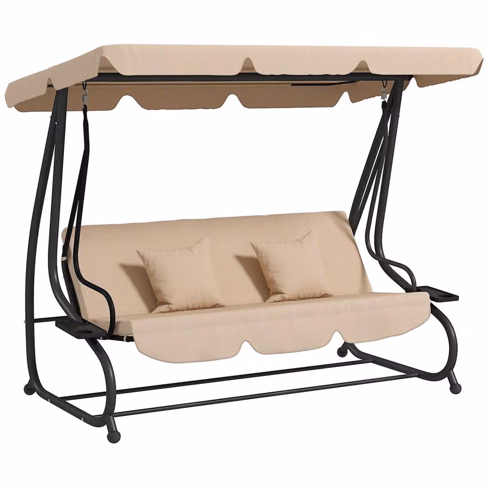 OUTSUNNY 2-in-1 Garden Swing Chair for 3 Adults with Sun Canopy and Cushions, Brown and Beige – 2