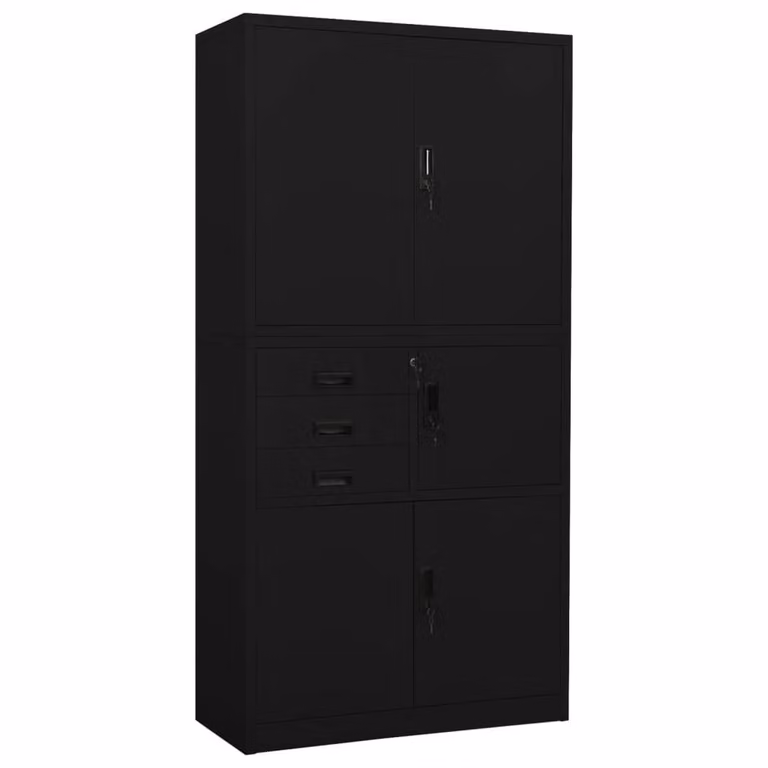 Berkfield Modern Home Office Steel Cabinet in Black with Hinged Doors and Internal Drawers, W/D/H: 90 x 40 x 180 cm