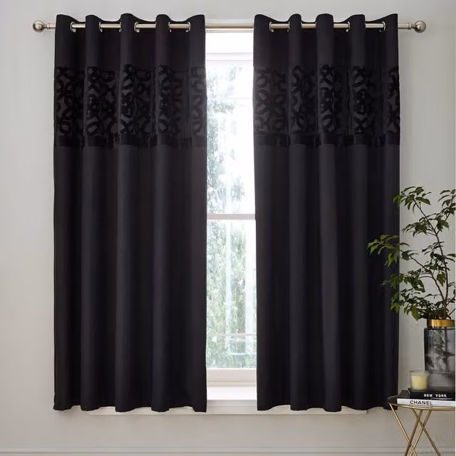 Catherine Lansfield Lattice Cut Velvet Eyelet Curtains, Black, W: 168 cm, H: 183 cm