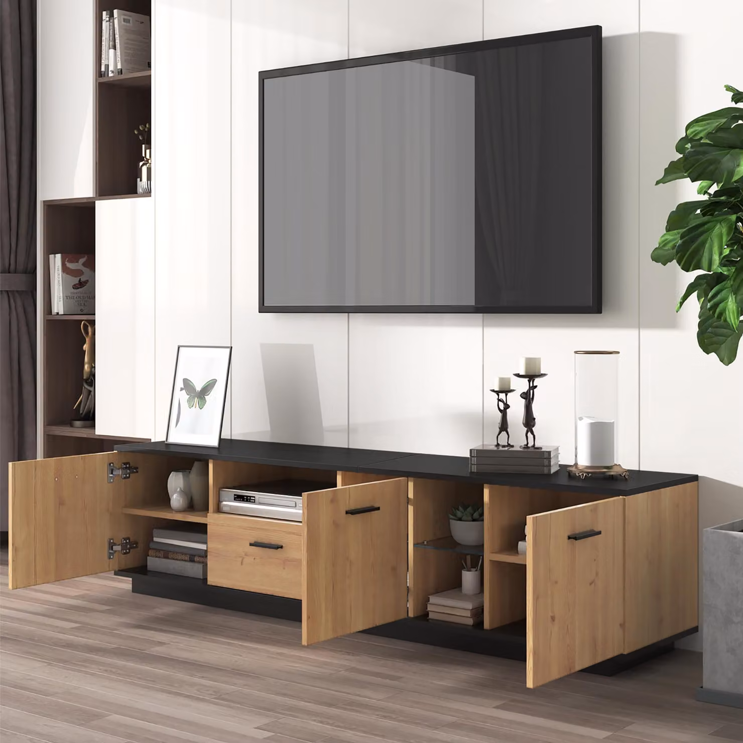 Aosom UK Modern TV Cabinet with 3 Doors, Drawer and 2 Open Glass Compartments in Black and Wood, W/D/H: 180 x 37 x 45 cm – 8