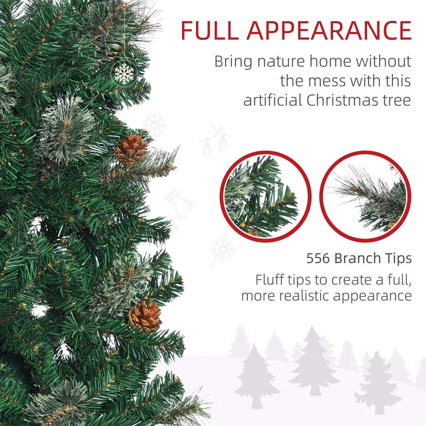 HOMCOM Slim Artificial Christmas Tree with Realistic Branches, 556 Tips and 27 Pine Cones, Green, Height: 198 cm – 5