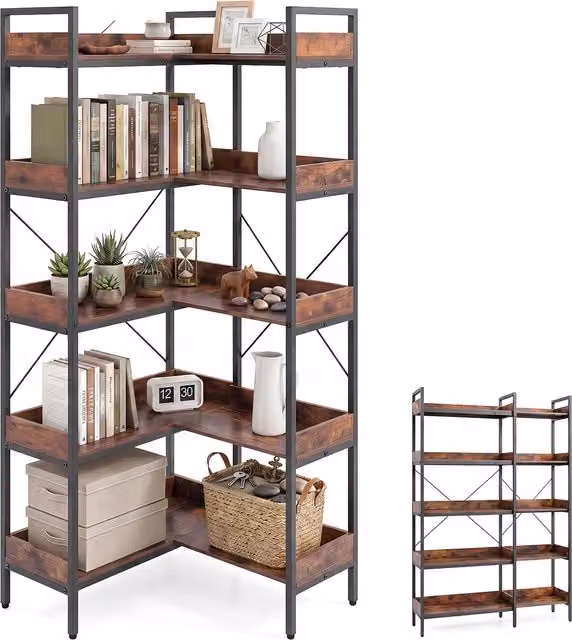 COSTWAY 5 Tier Convertible Corner Bookshelf with Heavy Duty Metal Frame in Brown